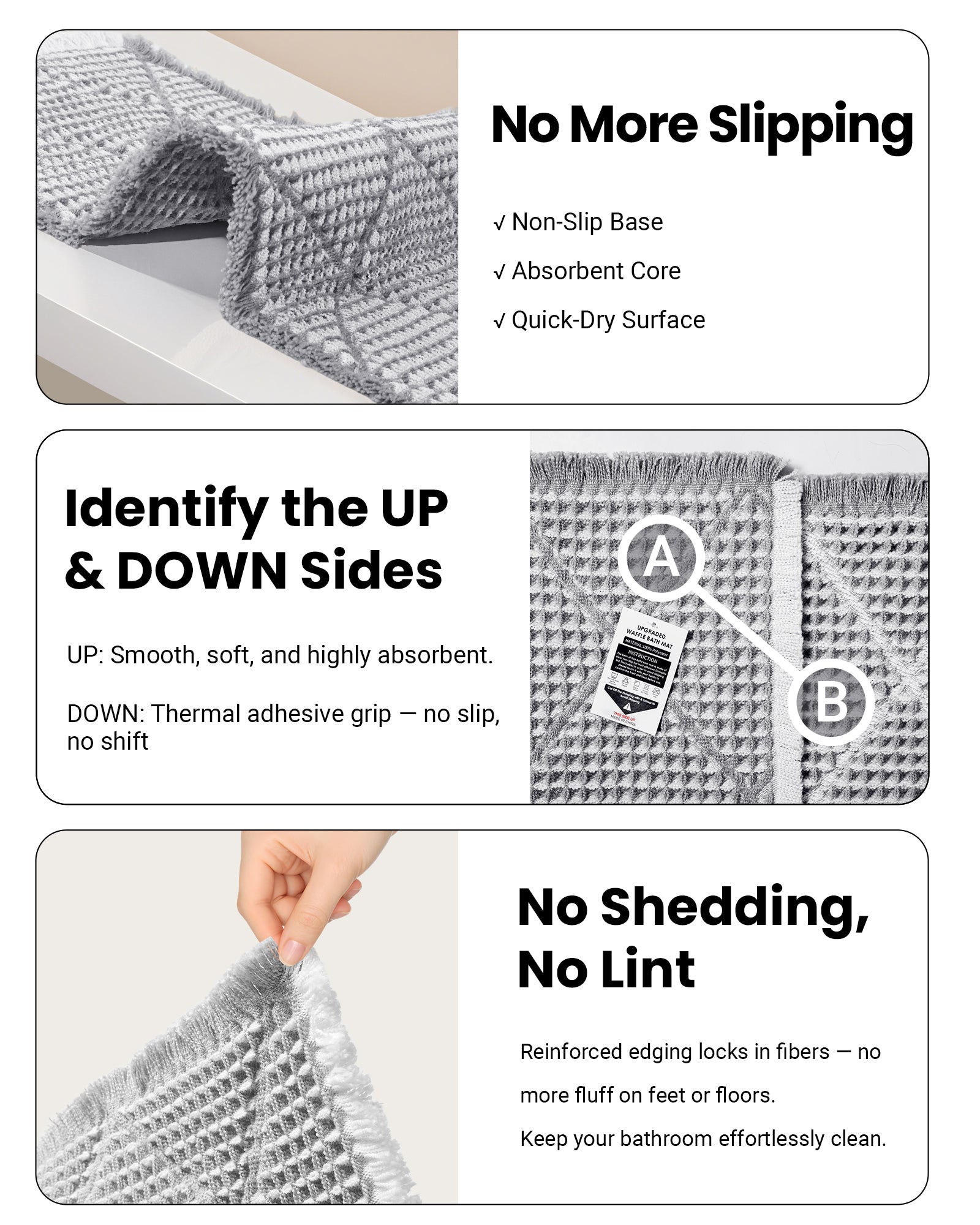 Waffle Bath Mat Set, Non Slip Bathroom Rugs Sets 2 Piece, Ultra Absorbent Long Bath Rug Runner for Bathroom Decor, Machine Washable Boho Mats, Grey & White, 20"×47" Plus 18"×30"