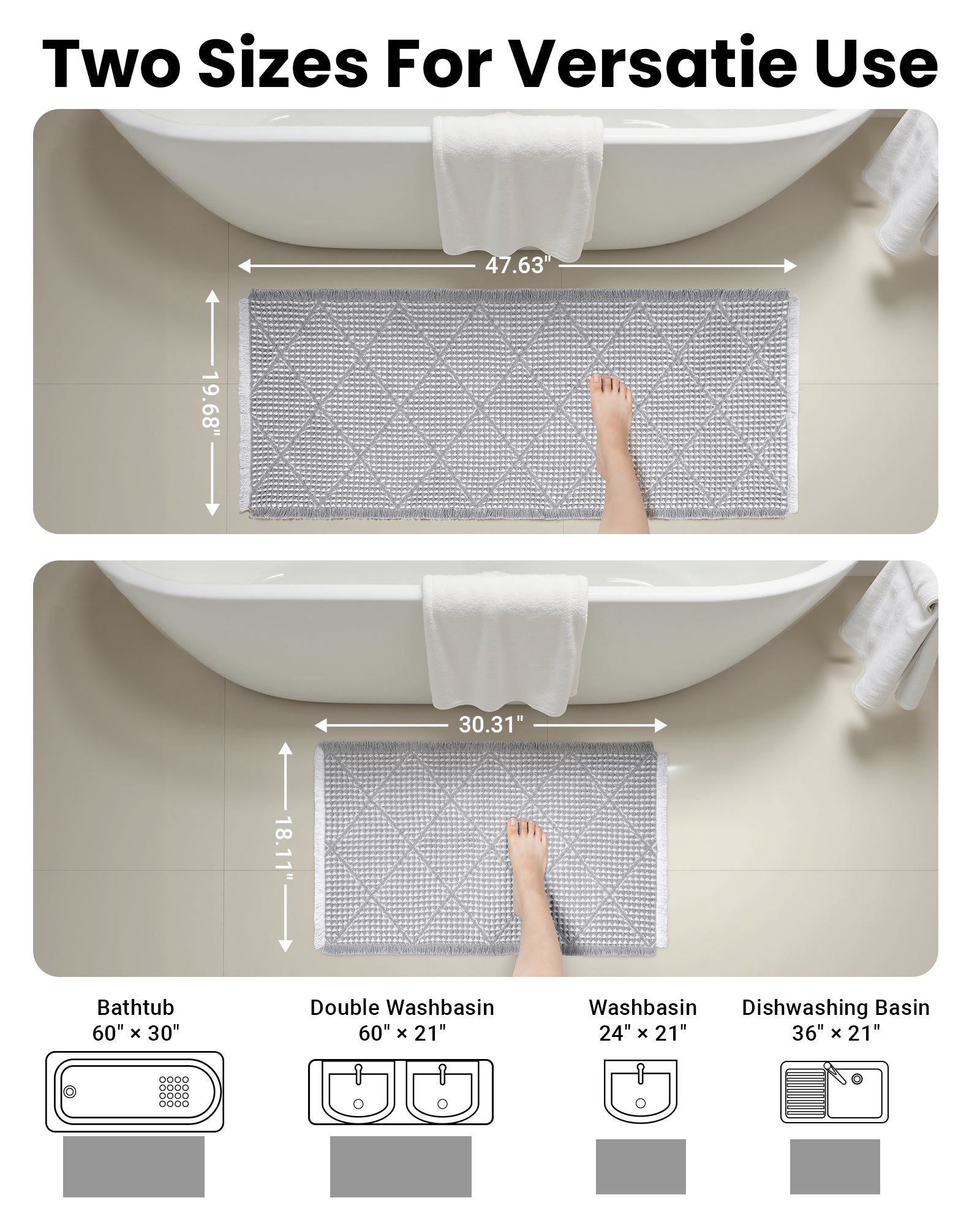Waffle Bath Mat Set, Non Slip Bathroom Rugs Sets 2 Piece, Ultra Absorbent Long Bath Rug Runner for Bathroom Decor, Machine Washable Boho Mats, Grey & White, 20"×47" Plus 18"×30"