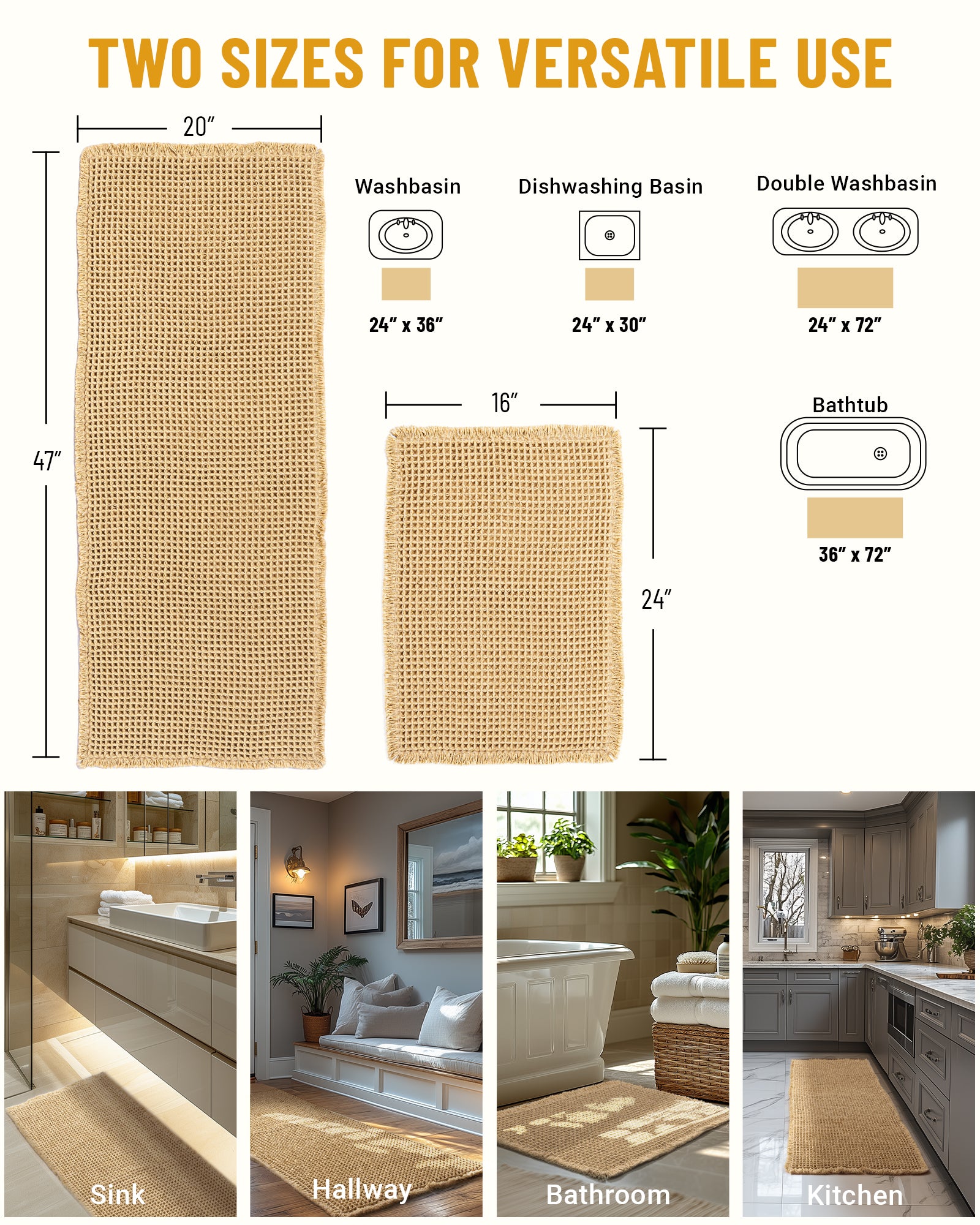 Large Waffle Bath Mat Set, Non Slip Bath Mat Set, Ultra Absorbent Bath Mats for Bathroom Decor, Extra Soft Floor Bathroom Rugs Sets 2 Piece, Washable Bath Rugs (20"×47" and 16"×24")