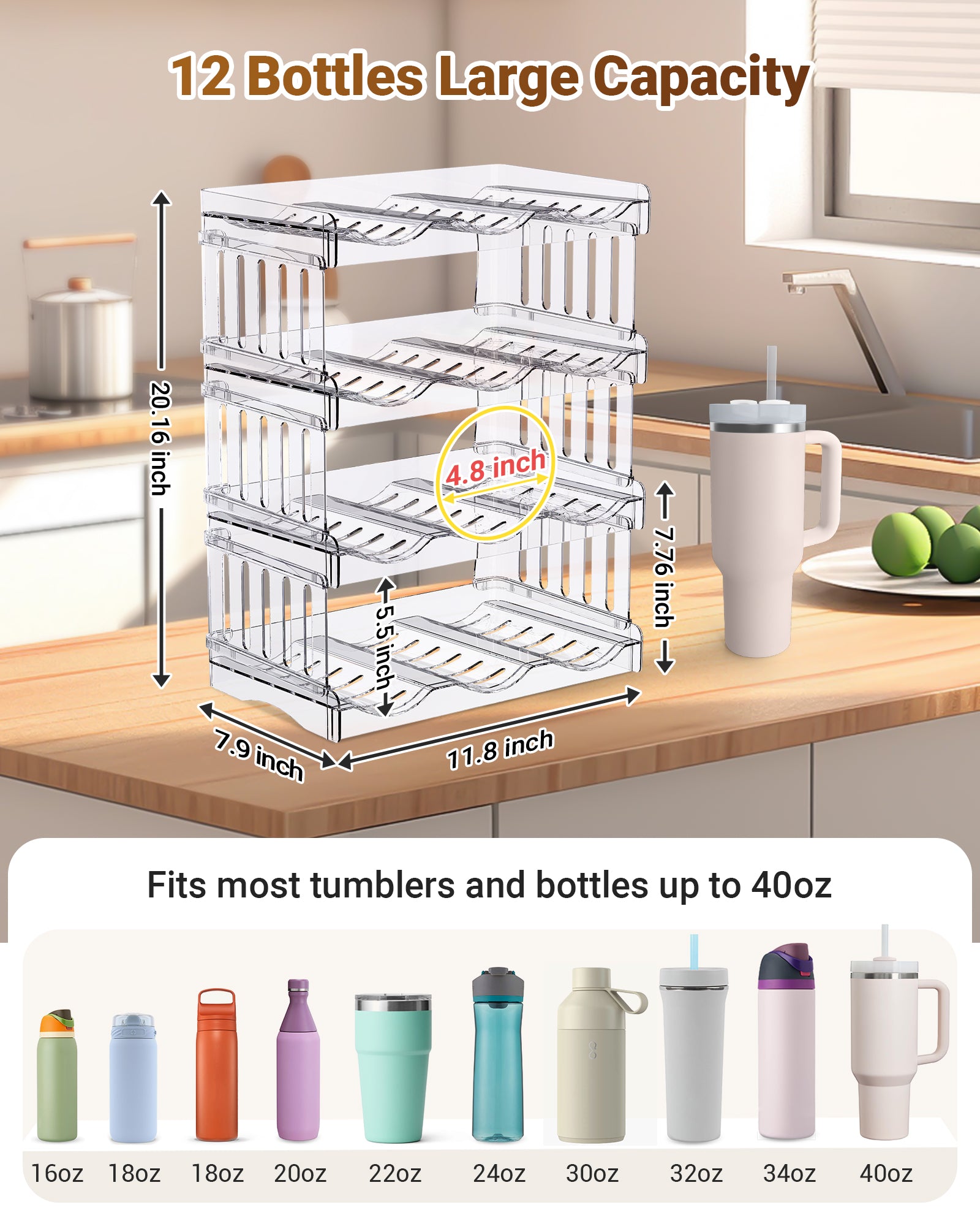 Large Tumbler Organizer for Stanley Cup 40 oz, Patented Kitchen Pantry Organizers and Storage for Stanley Cup Accessories, Stackable Water Bottle Organizer Holder Gifts 4Pack Large-12-bottle