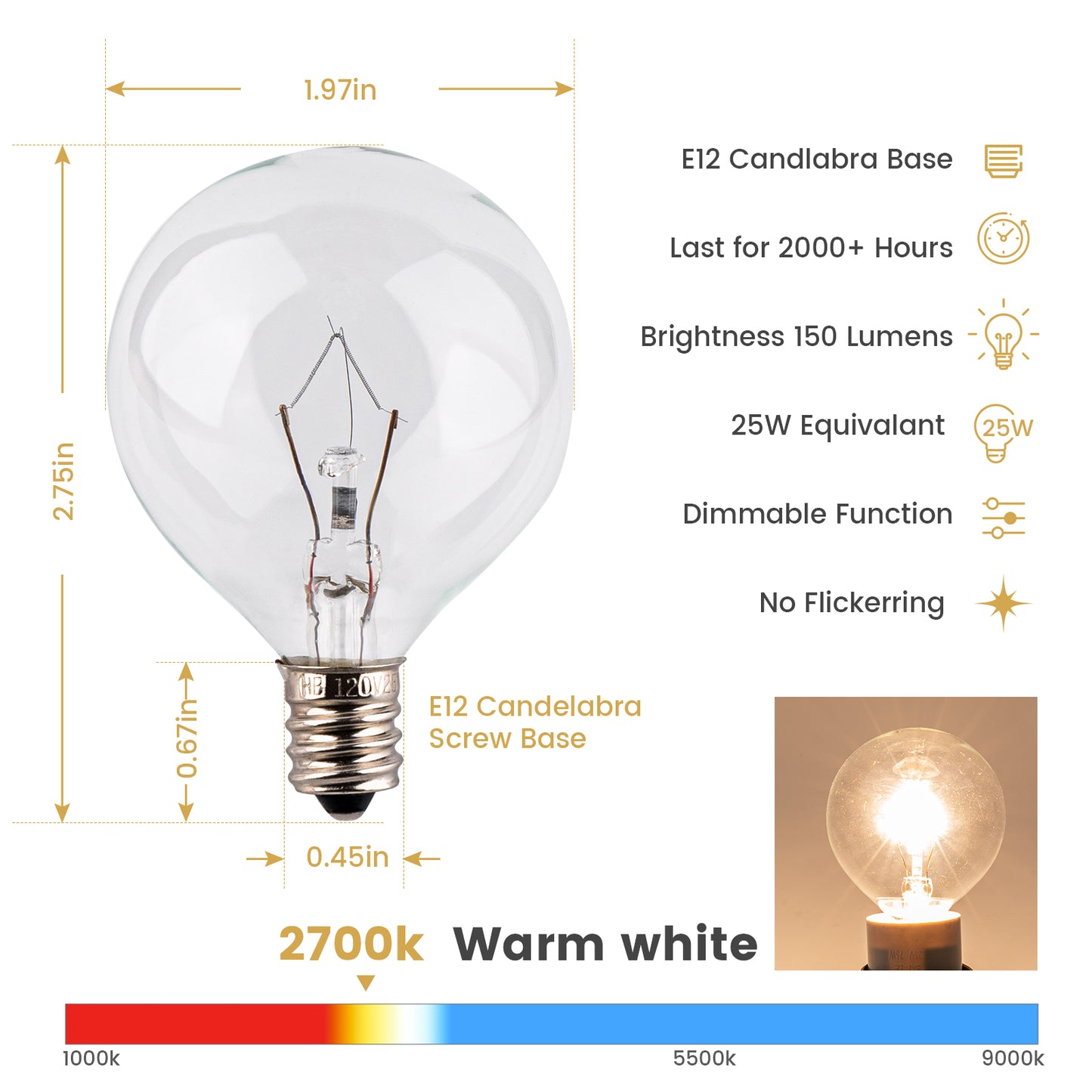 25 Watt Wax Warmer Bulbs, E12 Base G50/G16.5 Globe Bulbs, 4 Packs 120V