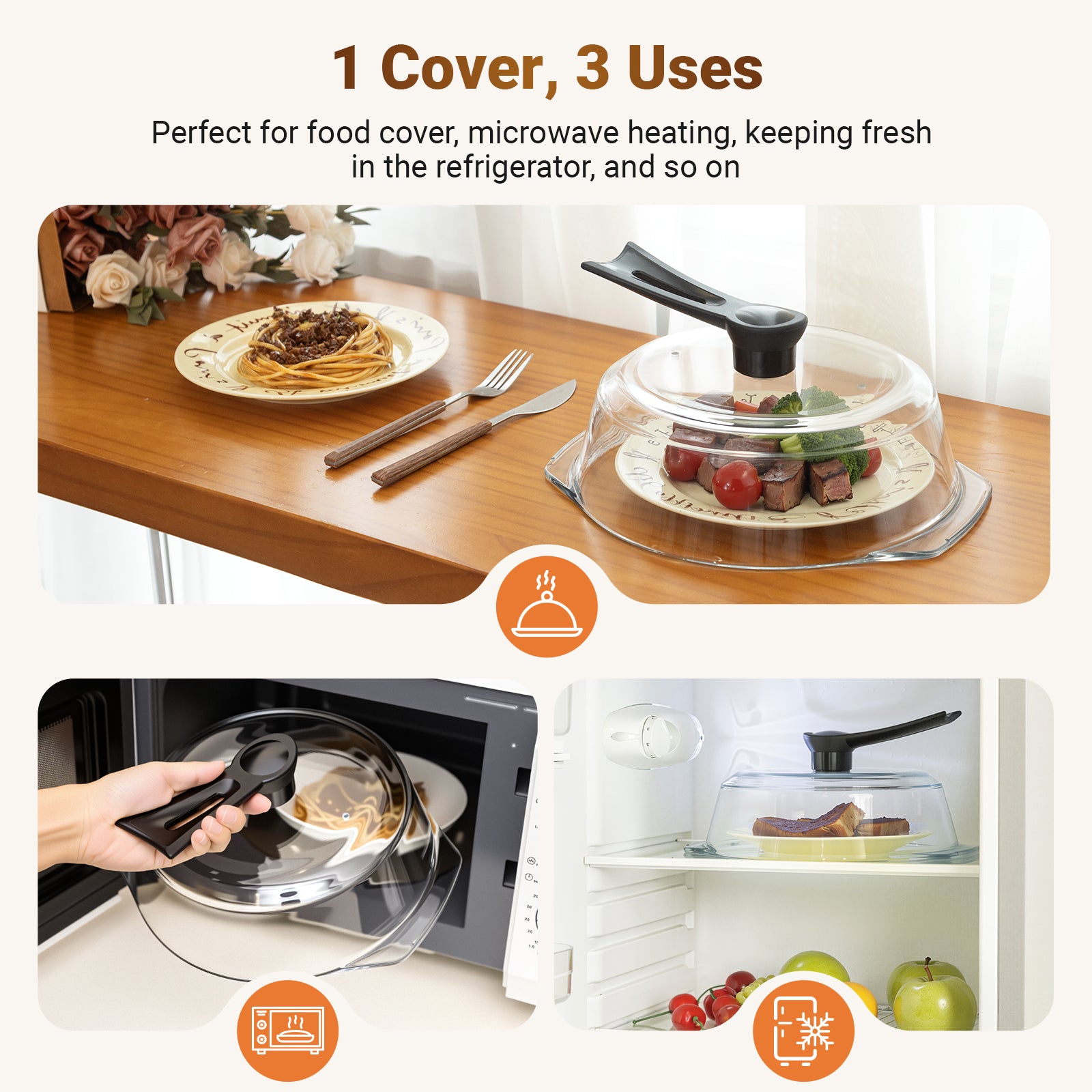 Glass Microwave Splatter Cover, Microwave Cover for Food with Standup Handle, Dishwasher Safe, Food Safe, Clear Microwave Plate Splatter Guard Lid with Vent Hole, House Essentials for Gift, 9.5inch