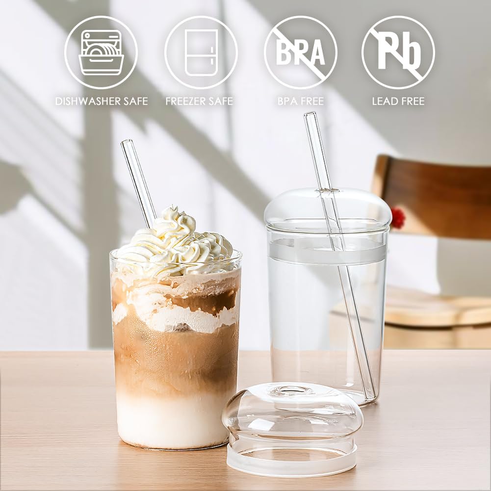 Combler 16oz Glass Cups with Dome Lids and Straws