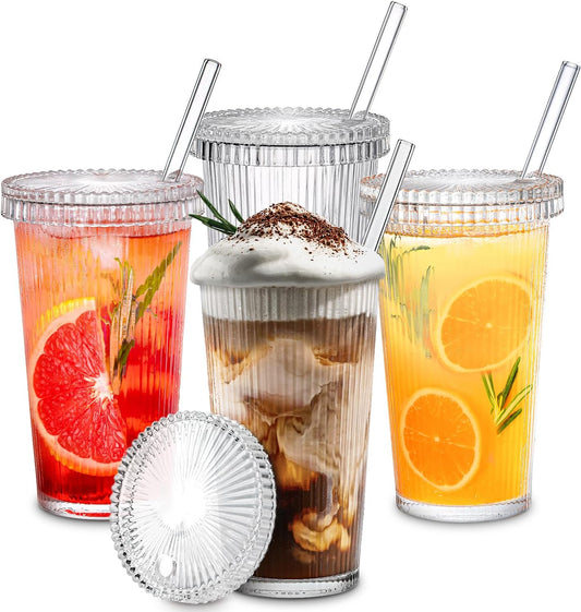 Combler 12 oz Glass Cups with Lids and Straws