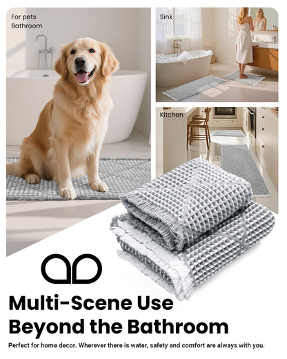 Waffle Bath Mat Set, Non Slip Bathroom Rugs Sets 2 Piece, Ultra Absorbent Long Bath Rug Runner for Bathroom Decor, Machine Washable Boho Mats, Grey & White, 20"×47" Plus 18"×30"
